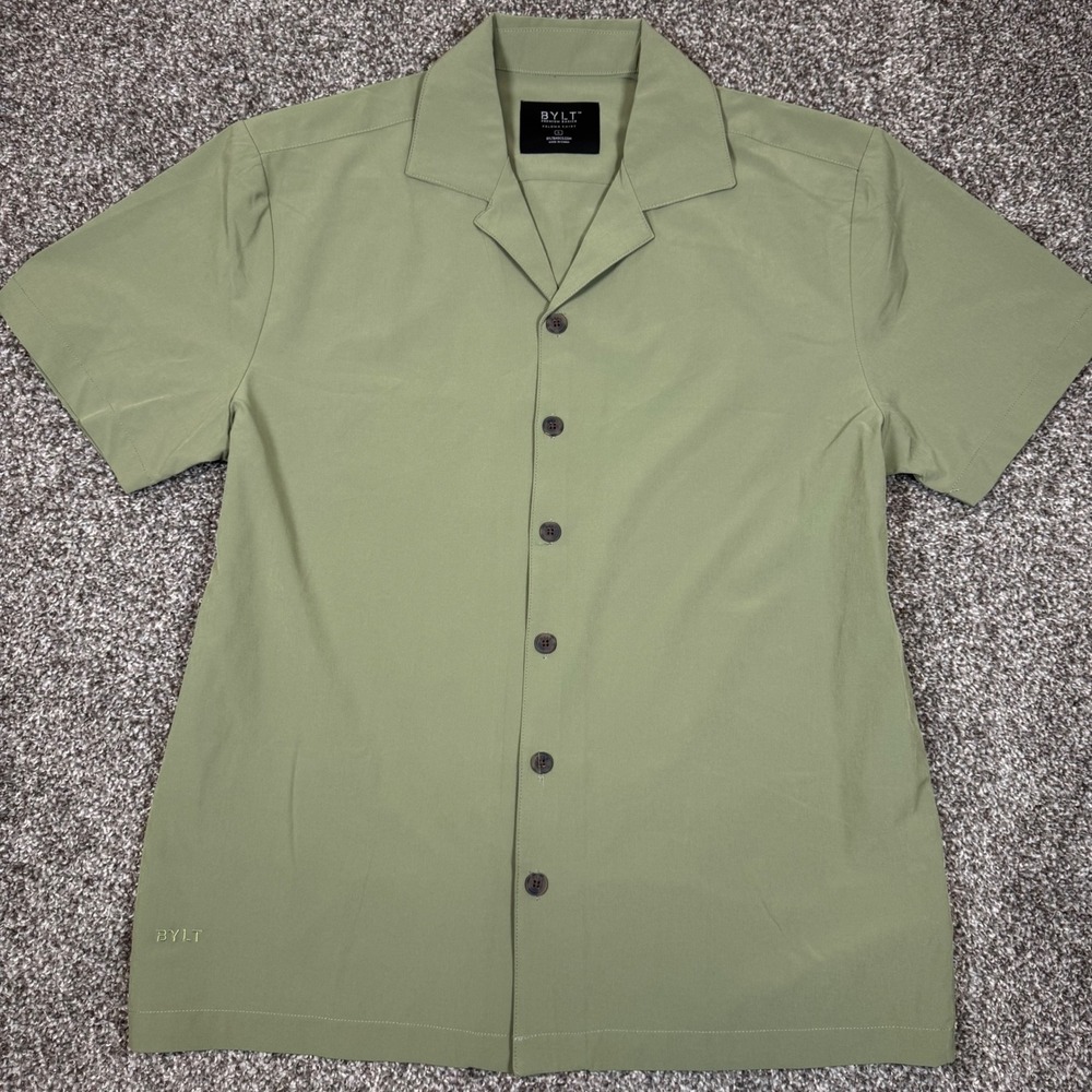 BYLT Premium Basics Paloma Shirt Mens Large Sage Green Camp Collar Stretch